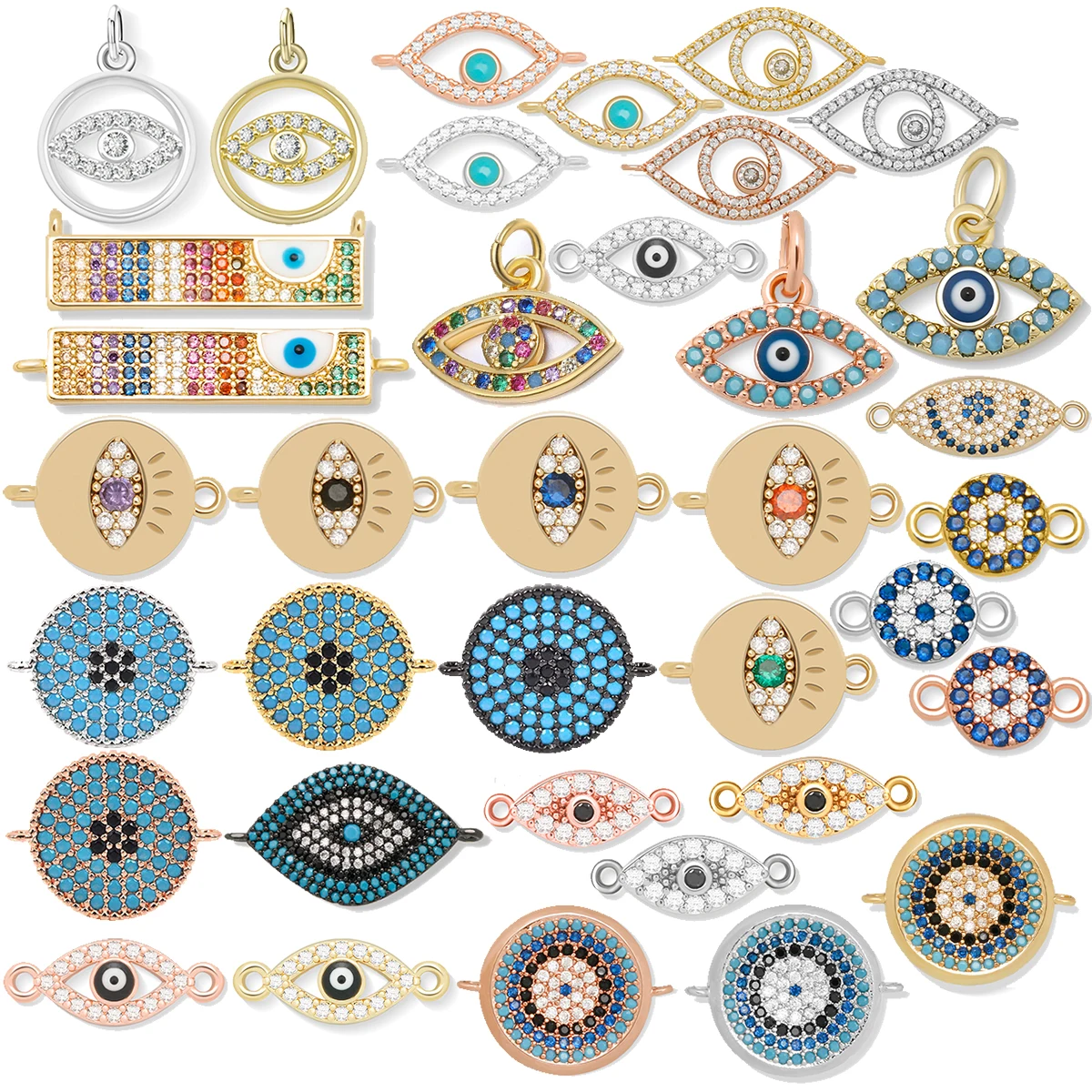Shiny Colorful Zirconia Evil Eye Charm Connector Gold-plated Brass Jewelry Findings For Bracelet Necklace Making DIY Accessories