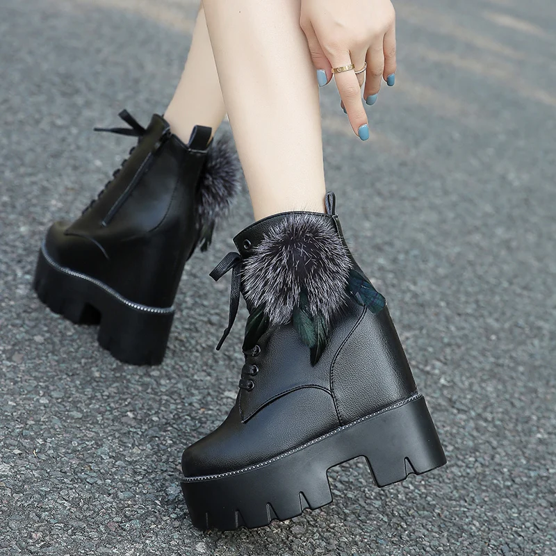 Women Platform Ankle Boots 2022 Winter Warm Fur Short Motorcycle Boots Woman 12CM High Heel Shoes Thick Sole Wedges Short Boots