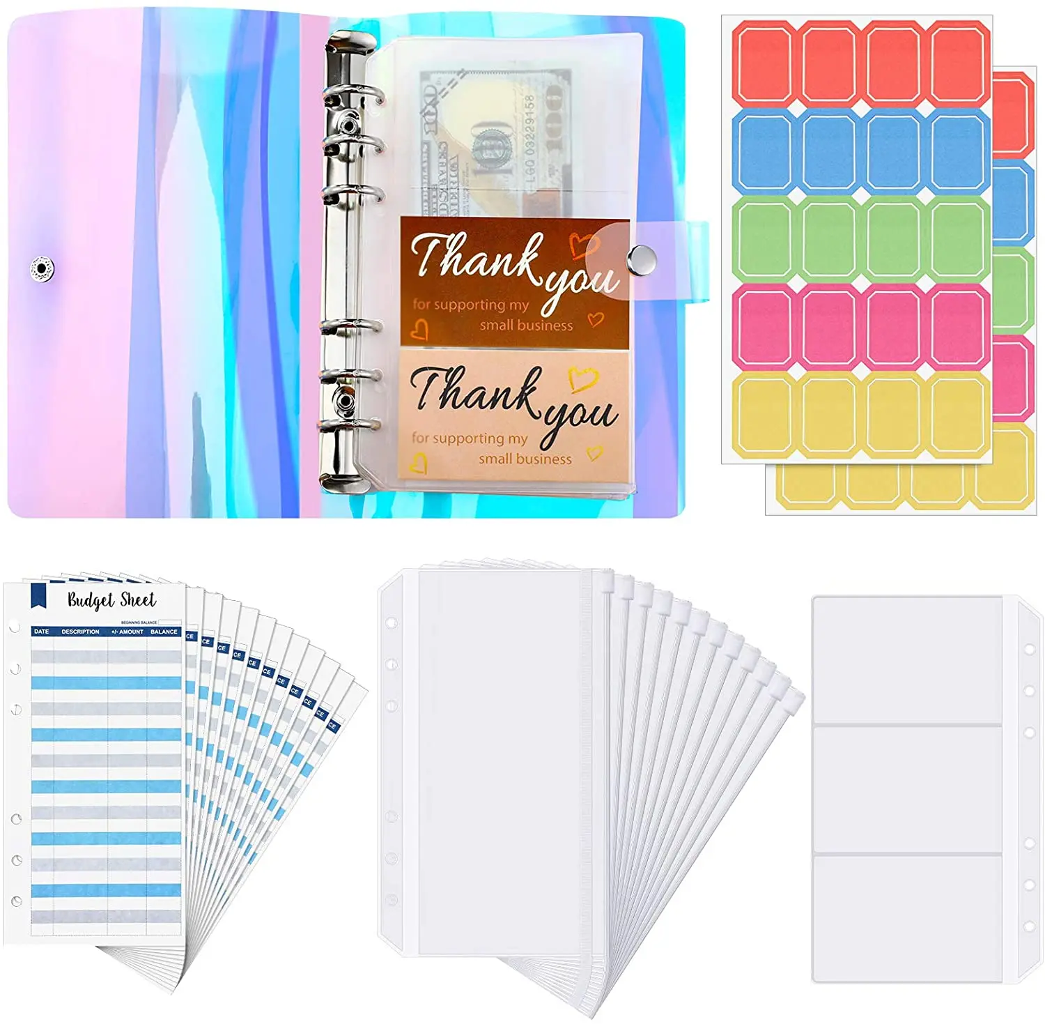 28 Pieces A6 Binder PVC Notebook  Waterproof 6-Ring Binder Cover with Pockets Budget Sheets Card Bag and Labels