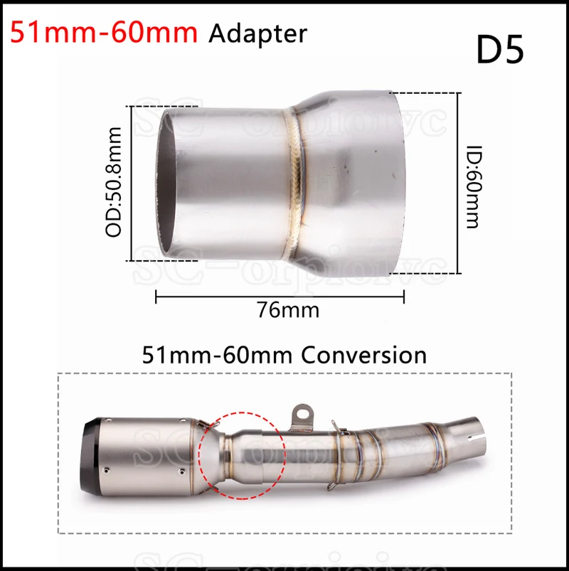 Motorcycle Exhaust Escape Pipe adapter 60-51mm 51-38mm connect Reducer extra Muffler Stainless Steel install accessory and tools