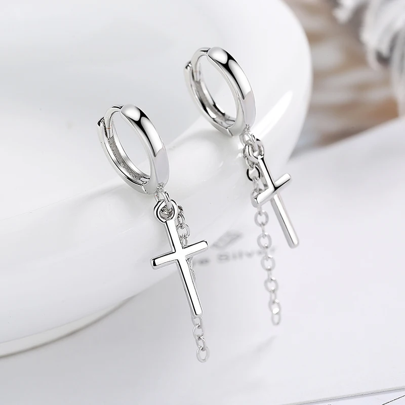 Women's Fashion Simple Style Drop Earrings Small Huggies With Cross Pendant Thin Tassel Dangle Earring Piercing Accessories Gift