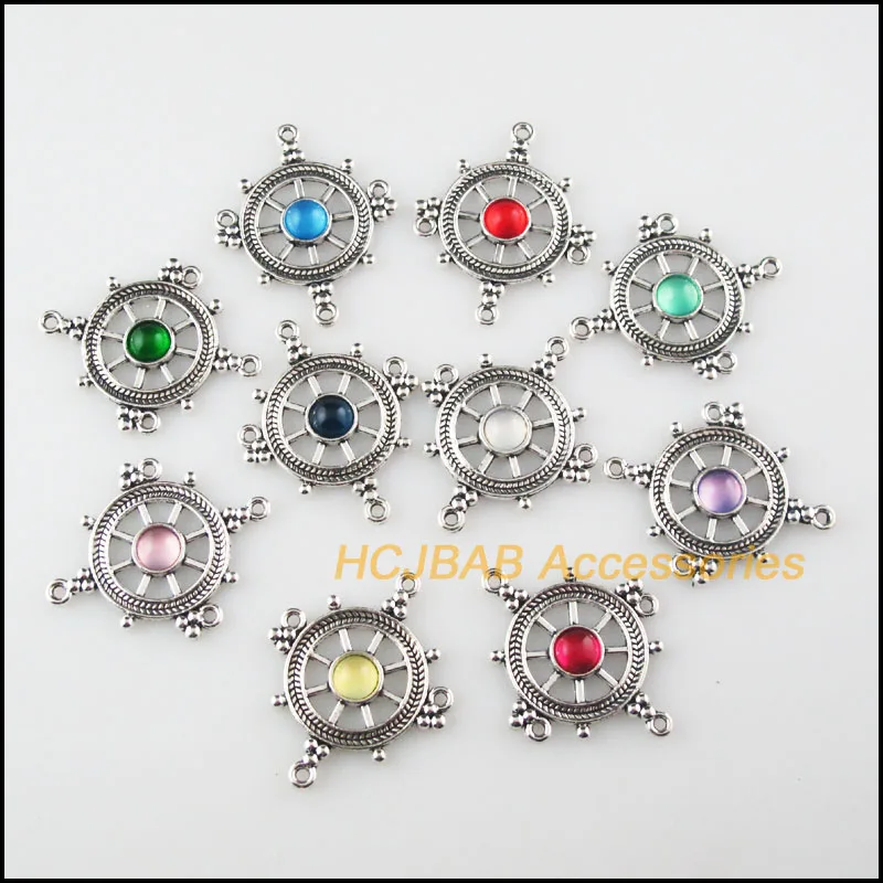 10Pcs Tibetan Silver Tone Rudder Mixed Resin Charms Vessels Pendants Connectors 28x34mm