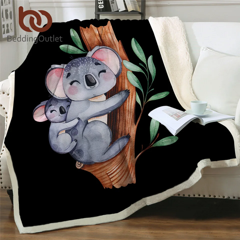 BeddingOutlet Koala Family Throw Blanket Cartoon Plush Blanket Eucalyptus Tree Leaf Fluffy Blanket Watercolor Animal Kids Mantas