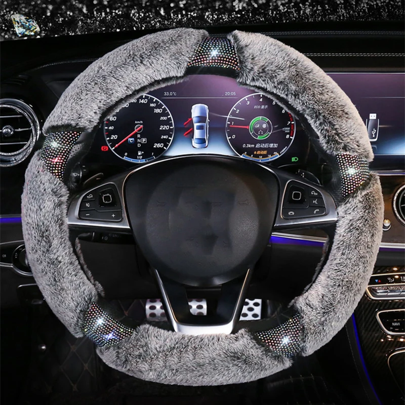 Bling Fur Steering Wheel Cover Winter Plush Furry Rhinestones Auto Stearing Protection Case Accessories Interior For Girls Women