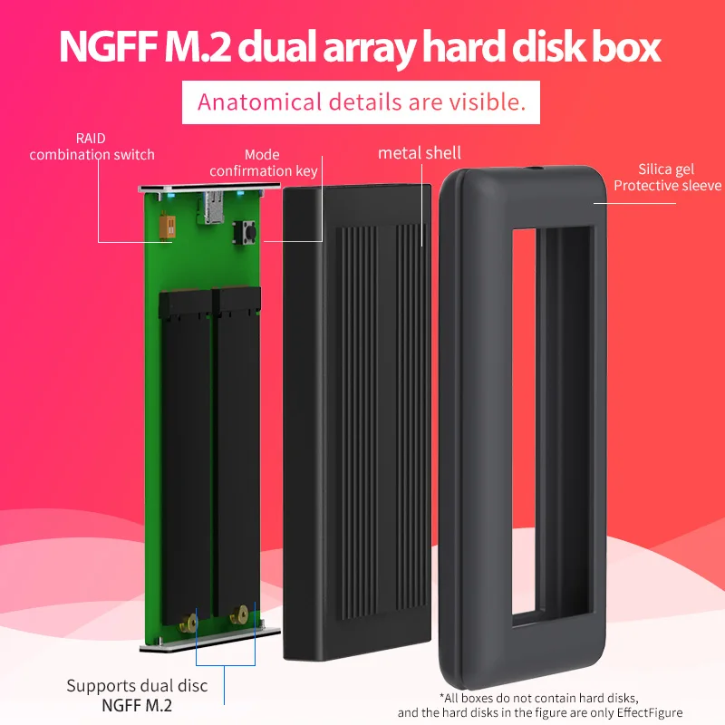 Dual Solid State Disk Array Cabinet  NGFF M.2 ssd case  with RAID Function SSD Enclosure Type C Disk Array Box 2 Bay Data Backup