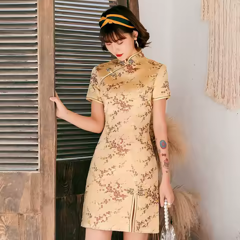 Female Qipao Mandarin Collar Short Cheongsam Vestidso Elegant Chinese Dress Gold Flower Novelty Satin Evening Party Gown
