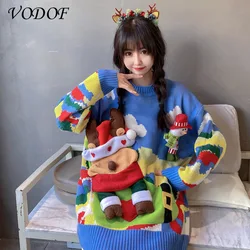 VODOF Winter Ugly Christmas Sweaters Pullover Women Jumper Oversized Knitted Lovers Red Sweater Long Sleeve O-neck Snowman Top