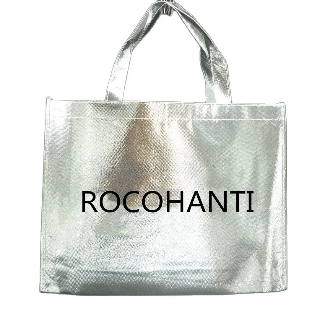 Free Sample 1pcs Customized Laser Film Laminated Metallic Sewed Non Woven Gift Bag Shopping Tote Bag Silver Color Bolsa Regalo