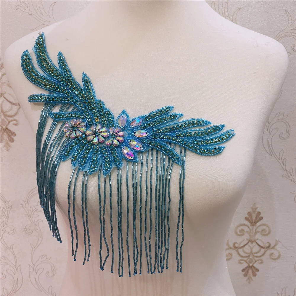 2pcs Handmade Crystal Beaded Rhinestone Applique Sew/Iron on  for  Shoulder Trim for wedding dress