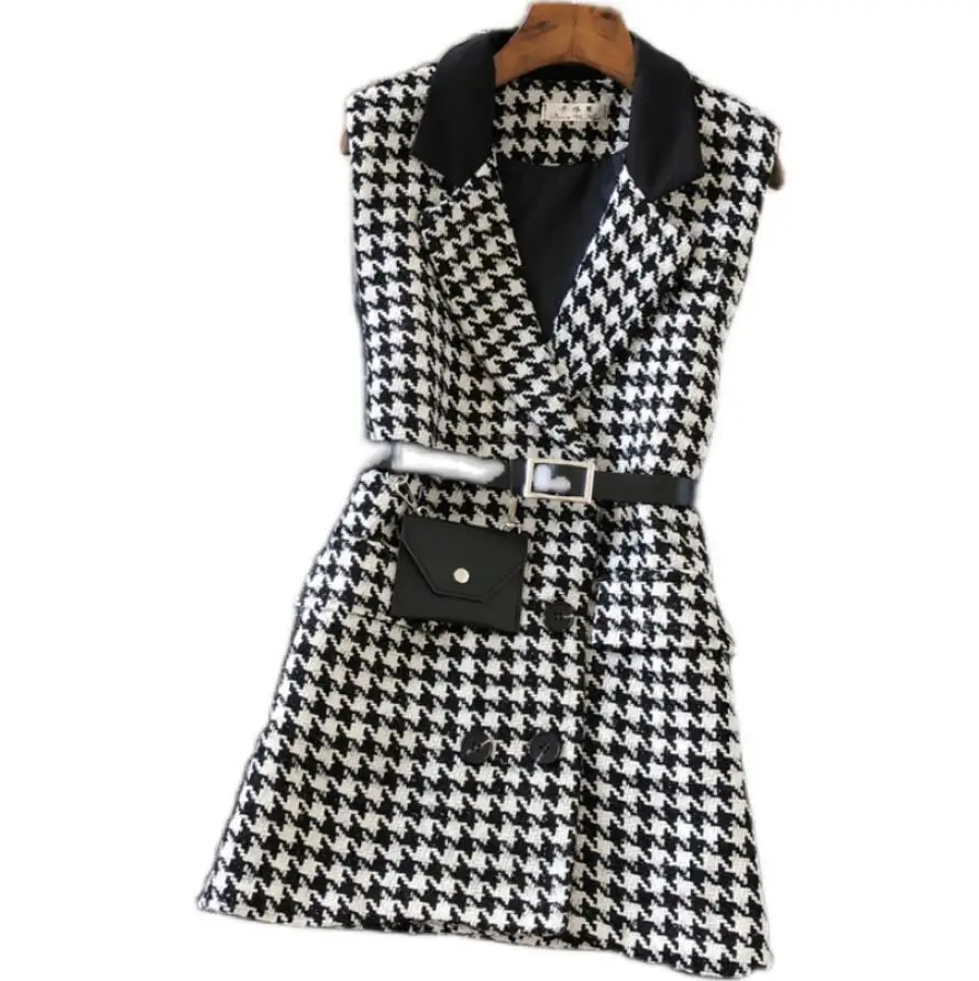 Fashion Houndstooth woolen Suit vest jacket Women Autumn winter v-neck samll fragrance double breasted waistcoat q27