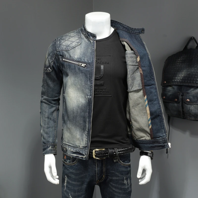 Chaqueta vaquera con cuello levantado para hombre, nuevo estilo, con personalidad, vaqueros para motocicleta, cremallera de solapa, 5XL, primavera y otoño, 2021