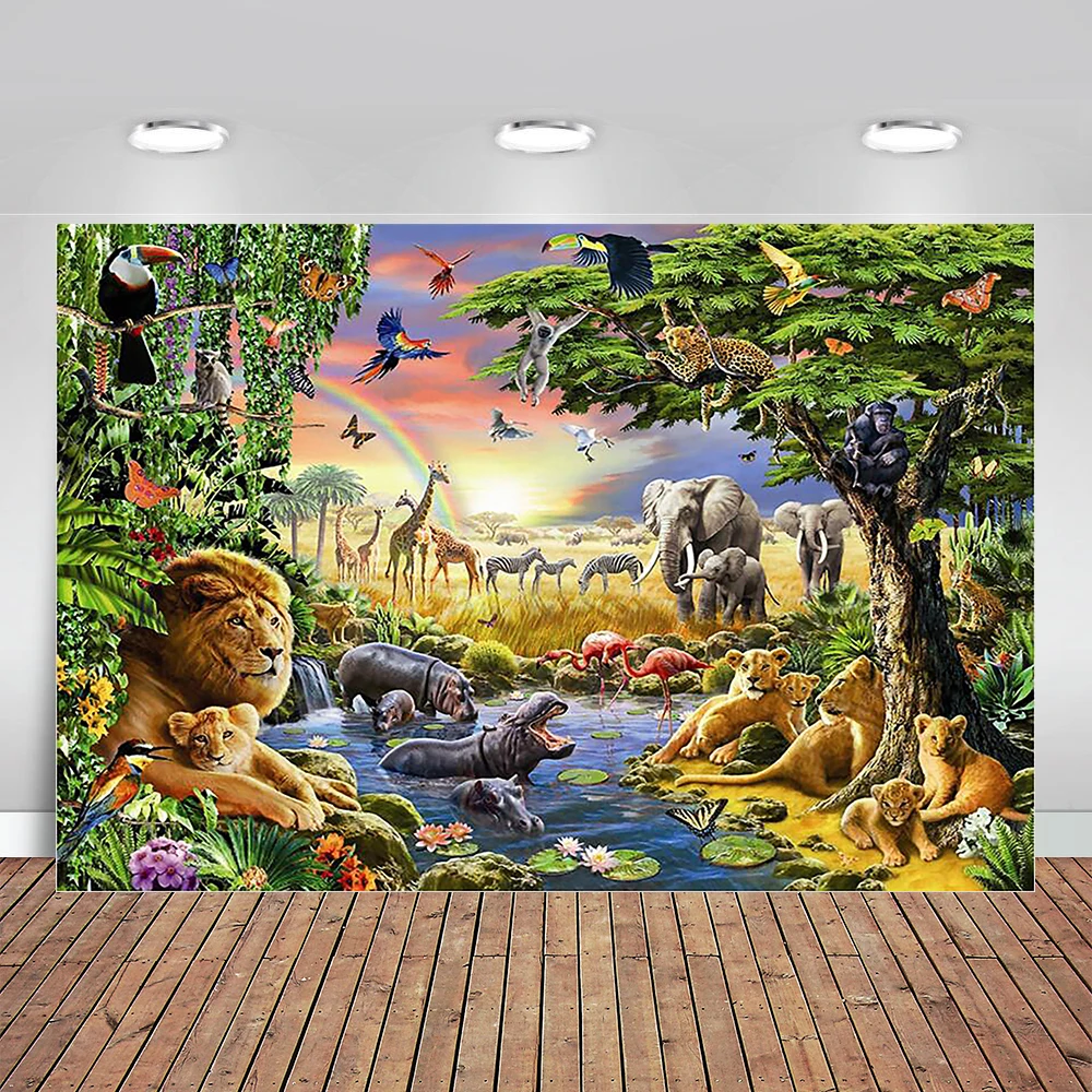 

Tropical Jungle Forest Wild Animal The Lion Safari Party Newborn Baby Shower 1st Birthday Backdrop Vinyl Photography Background