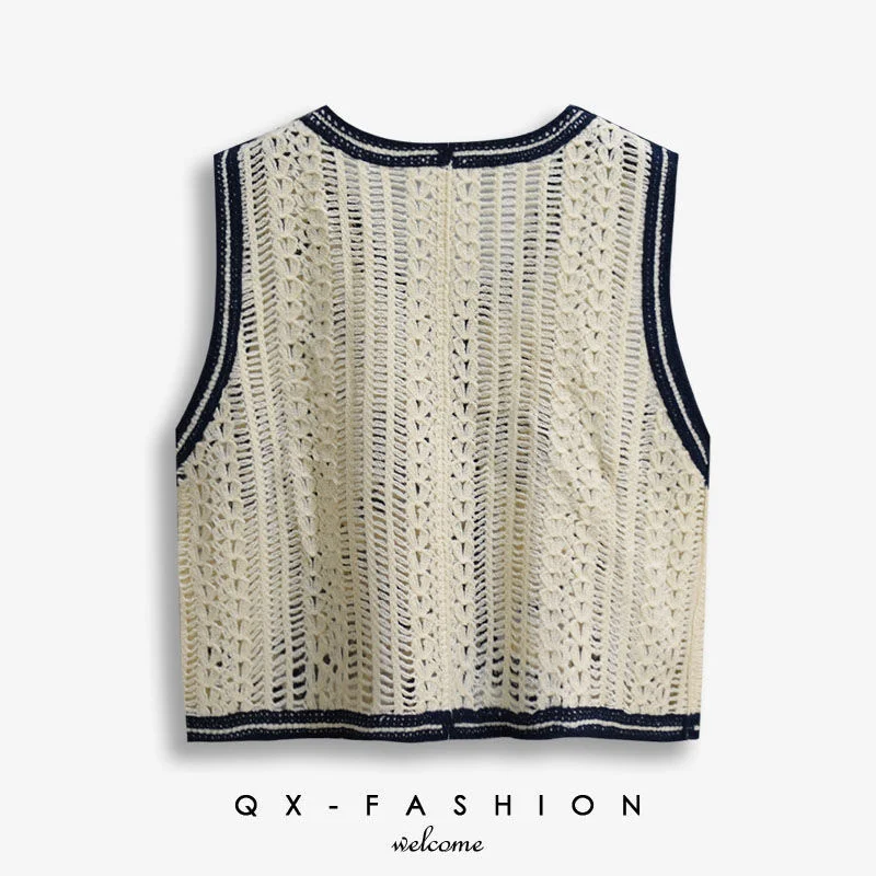 Jacquard Hollow Out Embroidery Knitted Waistcoat Women 2024 New Short Loose Sleeveless Sweater Vest For Spring Autumn