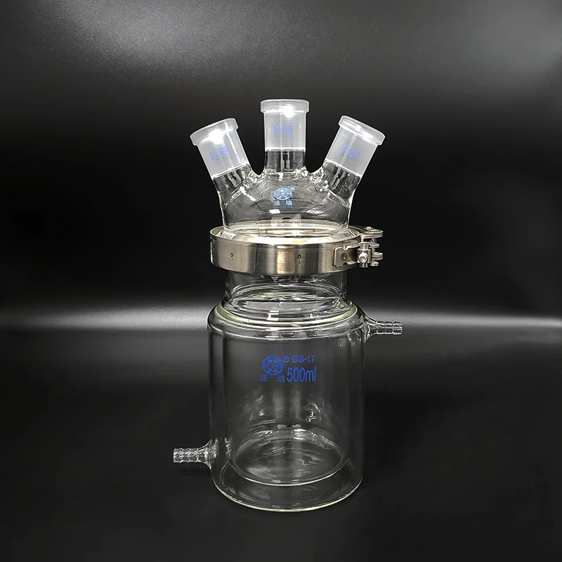 

Double-layer cylindrical flat bottom open reactor bottle 500ml,100mm flange,With iron clip,Cover with three oblique necks 24/29