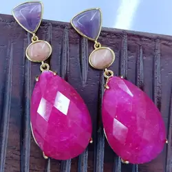 Brazil Fashion Big Water Drop Hot Pink Jade Mother of Pearl Natural Stone Long Earrings with Silver 925 ear Needle for Women New