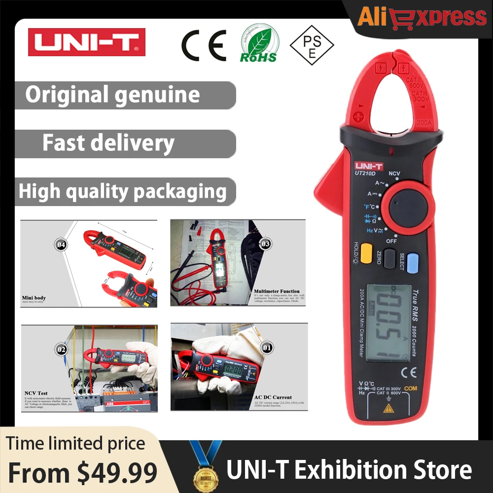 

UNI-T UT210D Digital Clamp Meter True RMS Voltage Resistance Capacitance Multimeter Temperature Measure Auto Range Electrical