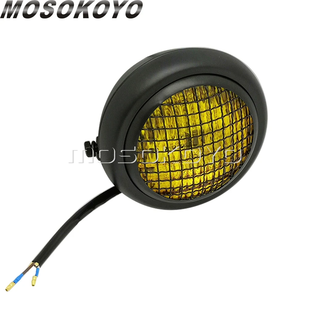 Retro Yellow Lens Headlight Sealed Beam Mesh Grill Guard High/Low Beam Headlamp for Harley Cafe Racer Scrambler Chopper