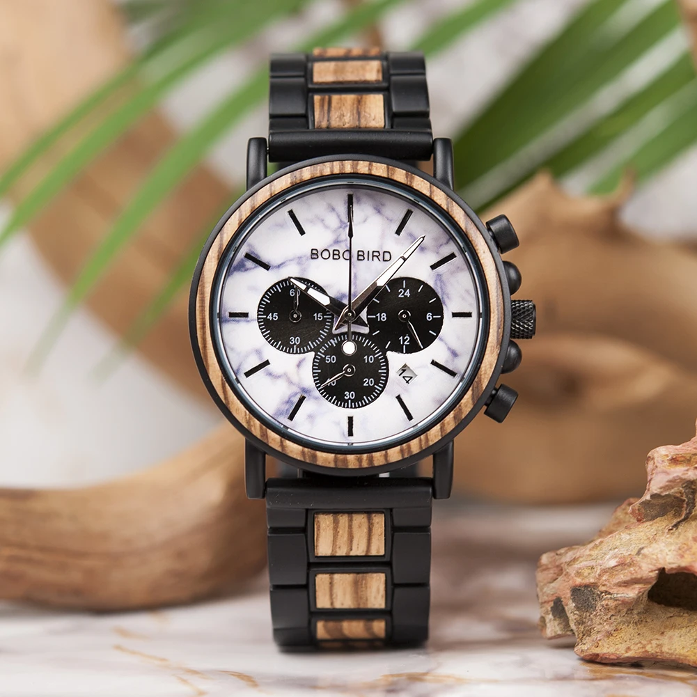 BOBO BIRD P09 Wood and Stainless Steel Watches Mens Chronograph Wristwatches Luminous Hands Stop Clock Dropshipping