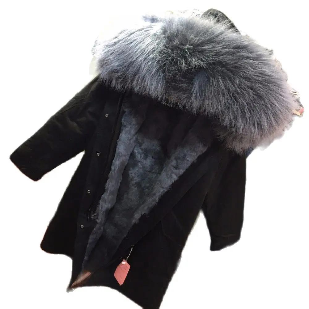 Mhnkro Grey Rex Rabbit Women And Men Couple Furs Real Fur s Lind Black Long Jacket for Offical