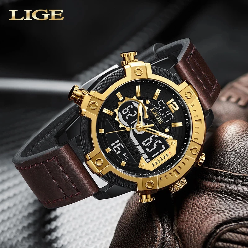 LIGE Military Mens Watches Top Brand Luxury Sport Watch Men Waterproof Digital Alarm Watch For Men Dual Display Quartz Clock+Box