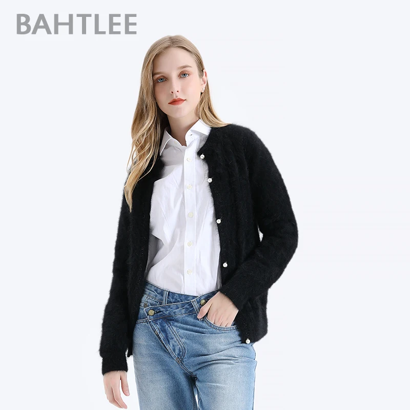 Bahtlee outono inverno feminino angora cardigans camisola lã malha jumper mangas compridas o-pescoço prata fio terno estilo pérola fivela