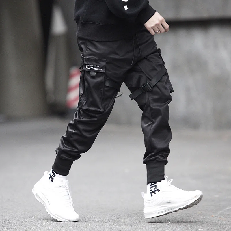 Prowow Men Ribbons Streetwear Cargo Pants  Autumn Hip Hop Joggers Pants Overalls Black Fashions Baggy Pockets Trousers