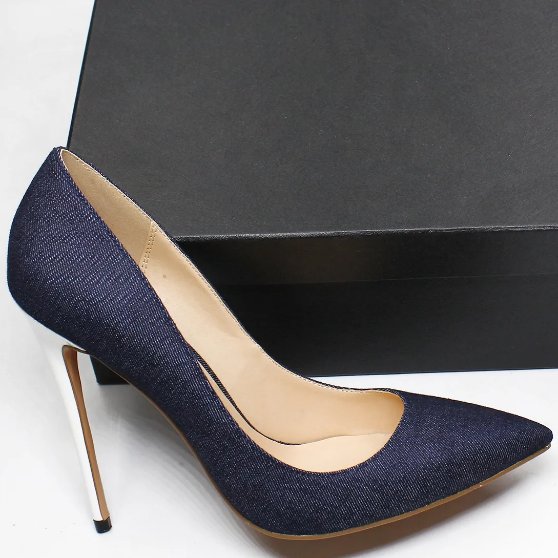 Women Classic Pumps Extreme Thin High Heels Sexy Stilettos Ladies Pointed Toe Shoes Black Blue Denim Pumps White Heeled D026B