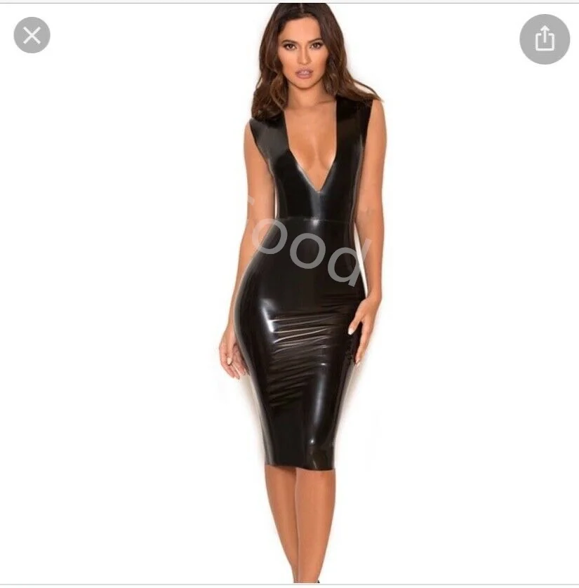 

Sexy Black Sleeveless Latex Dress Rubber V-Neck Vestidos Dresses Plus Size Gowns Customize Service