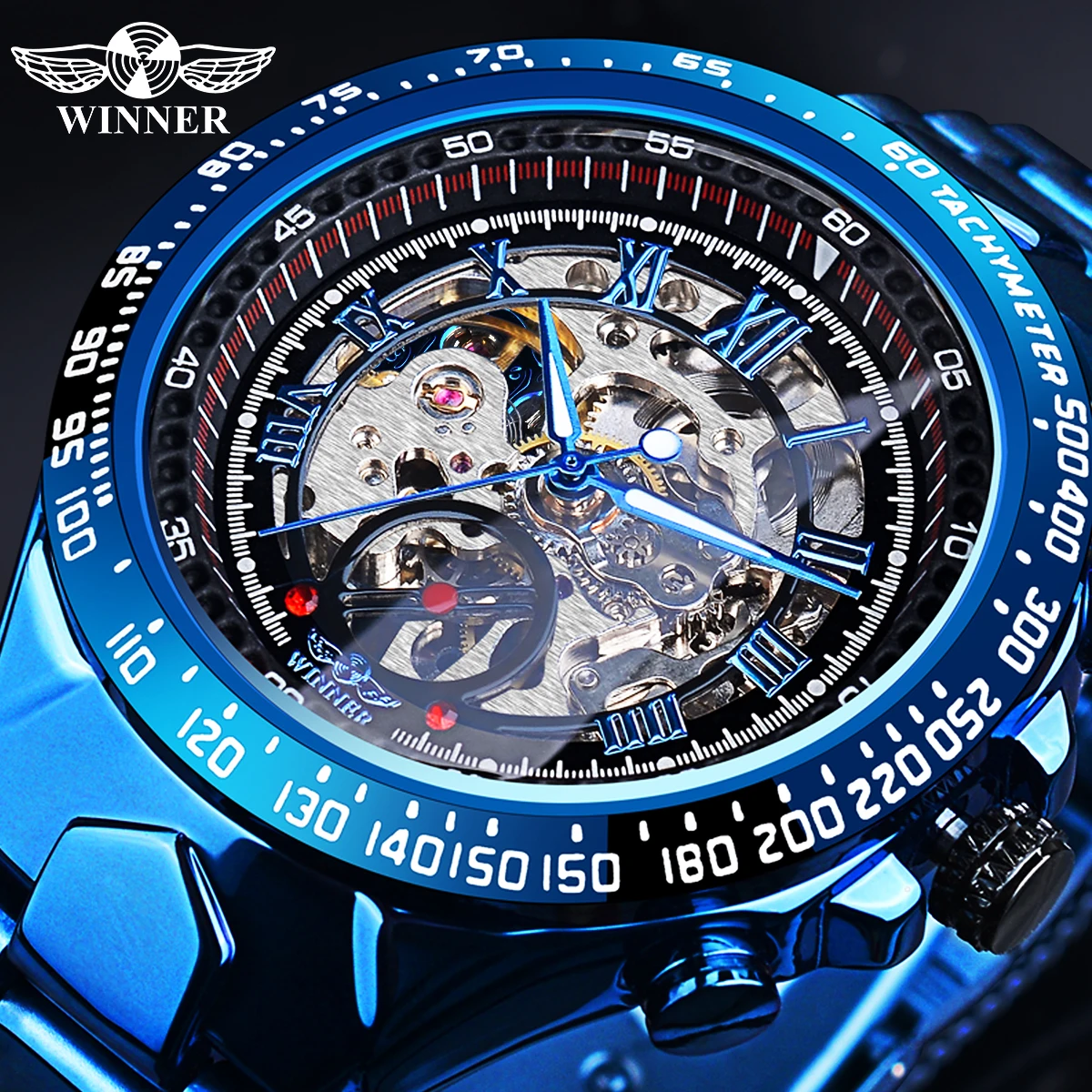 

Winner Top Brand Men Mechanical Wristwatches Luxury Skeleton Automatic Mens Watches Transparent Bezel Bule Watch Montre Homme