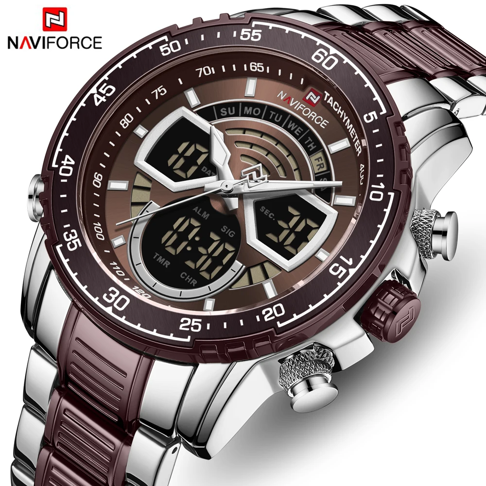 NAVIFORCE Men Luxury Stainless Steel Dual Display Watches Fashion Chronograph Sport Waterproof Wristwatch Relogio Masculino