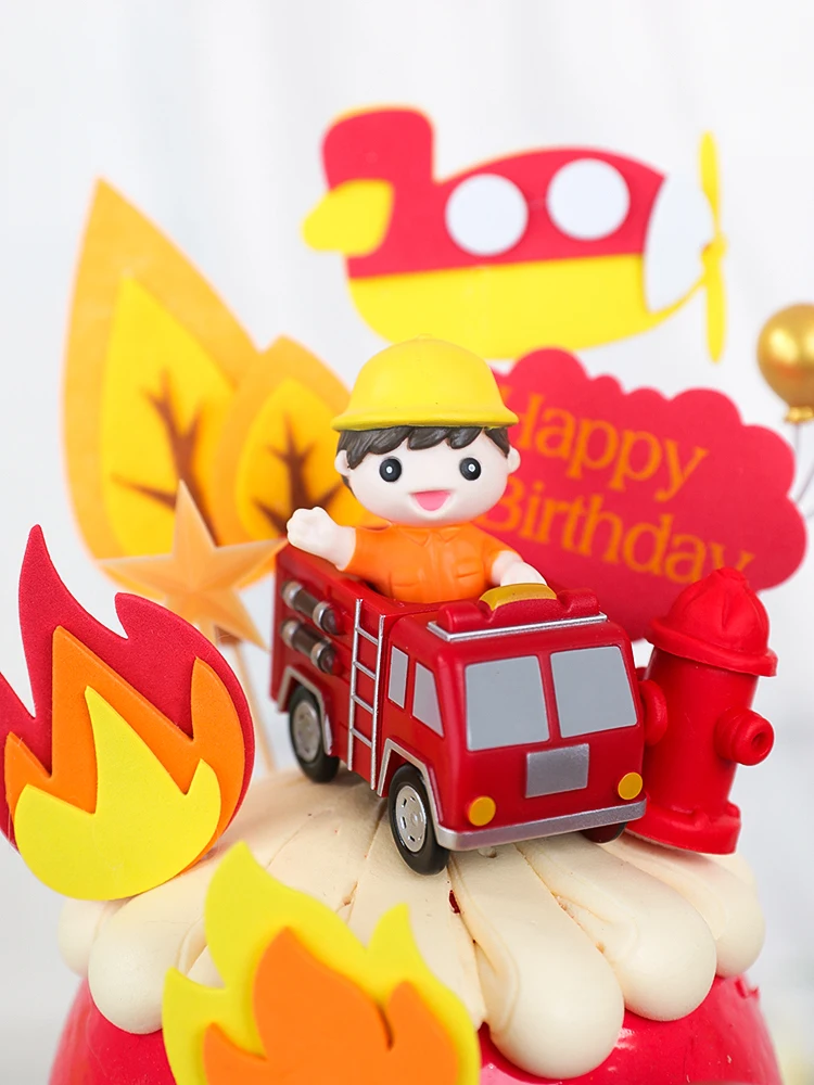 Cartoon Boy Fire truck Doll Ornaments Cake Topper Children's Birthday Party Extinguishing Hero Party Decoration Cakes Baking