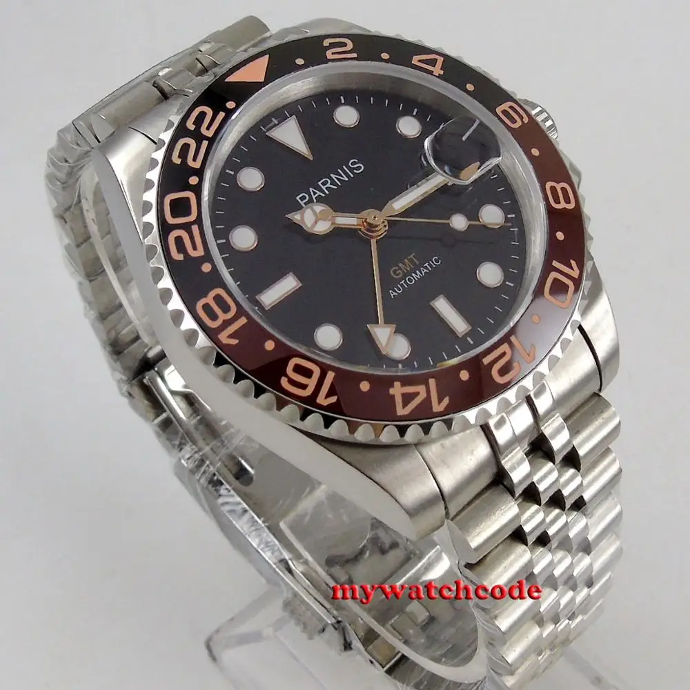 PARNIS MINGZHU 3804 GMT Two Tone Silver Rose Gold Steel Automatic Watch Men Jubillee Bracelet Sapphire Crystal 40mm SUB