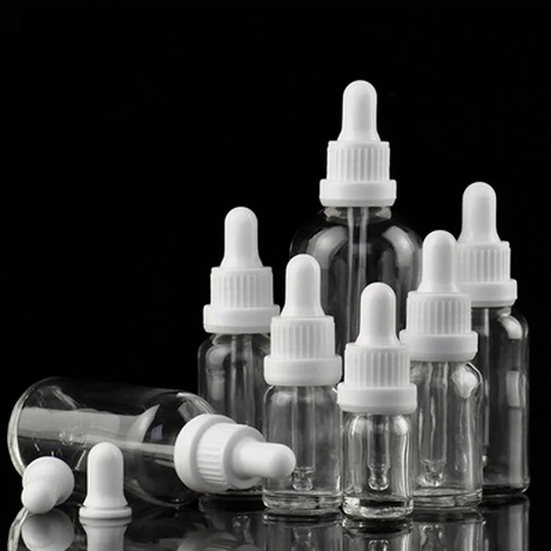 Coperchio bianco in vetro trasparente contagocce 10ml 15ml 30ml liquido per aromaterapia per Pipette di olio essenziale per massaggio bottiglie riutilizzabili