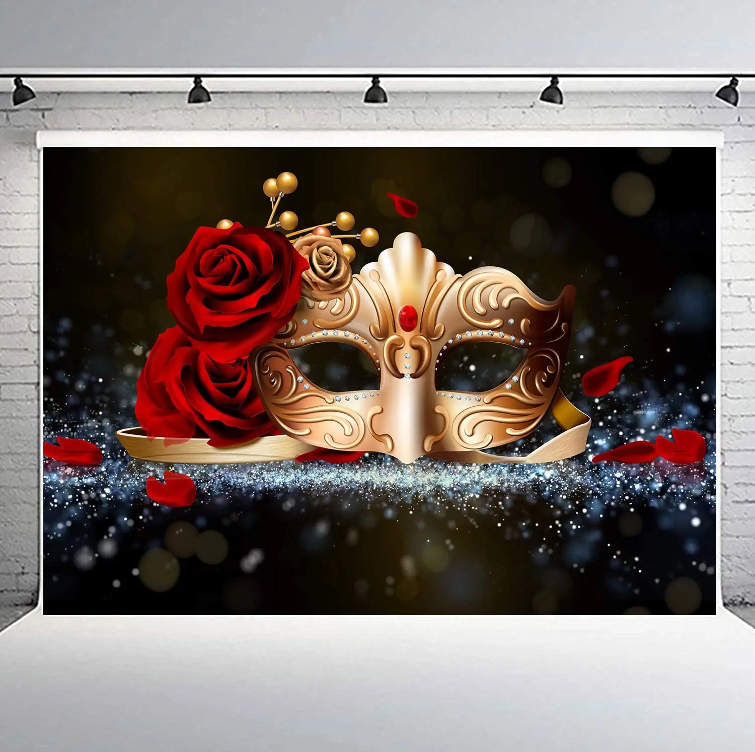 Photography Backdrop Golden Mask Rose Flower Masquerade Background For Birthday Dance Party Photo Studio Shooting Props