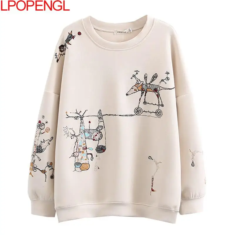 Harajuku Sweatshirt Frauen 2021 Plus Größe Herbst Neue Mode Casual Stich-bestickt Lange ärmeln O-Hals Atmungsaktiv hoodie Top