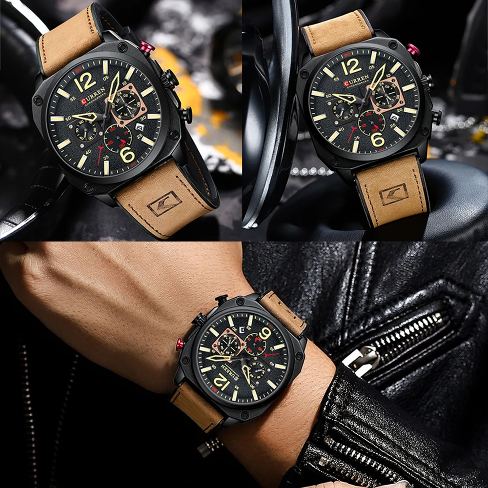 Relojes de pulsera de cuarzo marrón de lujo de marca CURREN para hombre, reloj de cuero con cronógrafo luminoso, reloj deportivo informal