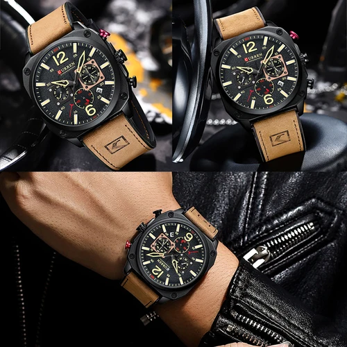 Imagen 2 del producto Relojes de pulsera de cuarzo marrón de lujo de marca CURREN para hombre, reloj de cuero con cronógrafo luminoso, reloj deportivo informal