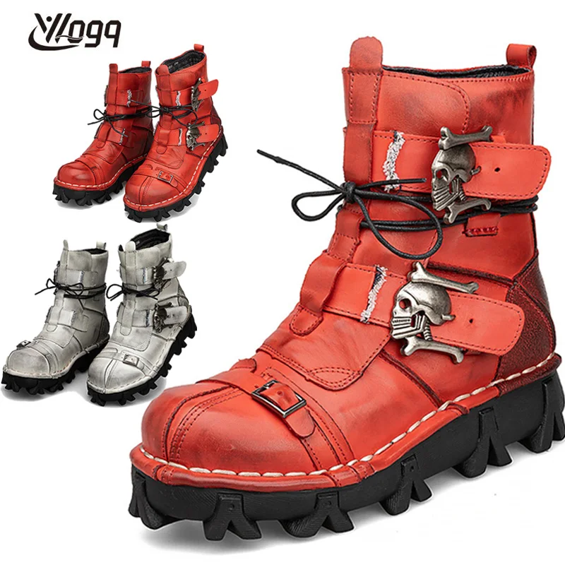 Genuine Leather Motorcycle Boots Buckle Lace Up Round Toe Platform Boots Winter 2023Thick Bottom Short Boots Skull Boots for Men