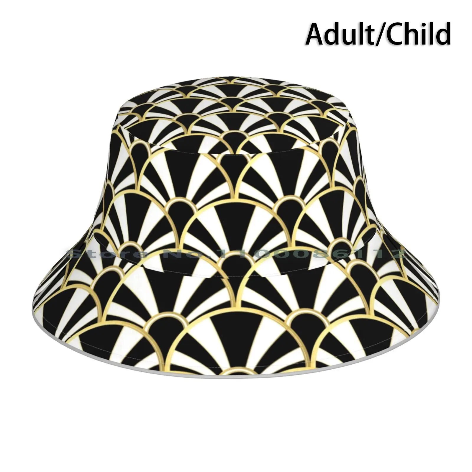 Black , White And Gold Art Deco Scallop Fan Pattern Bucket Hat Sun Cap Art Vintage Retro The Great Gatsby Prohibition Twenties