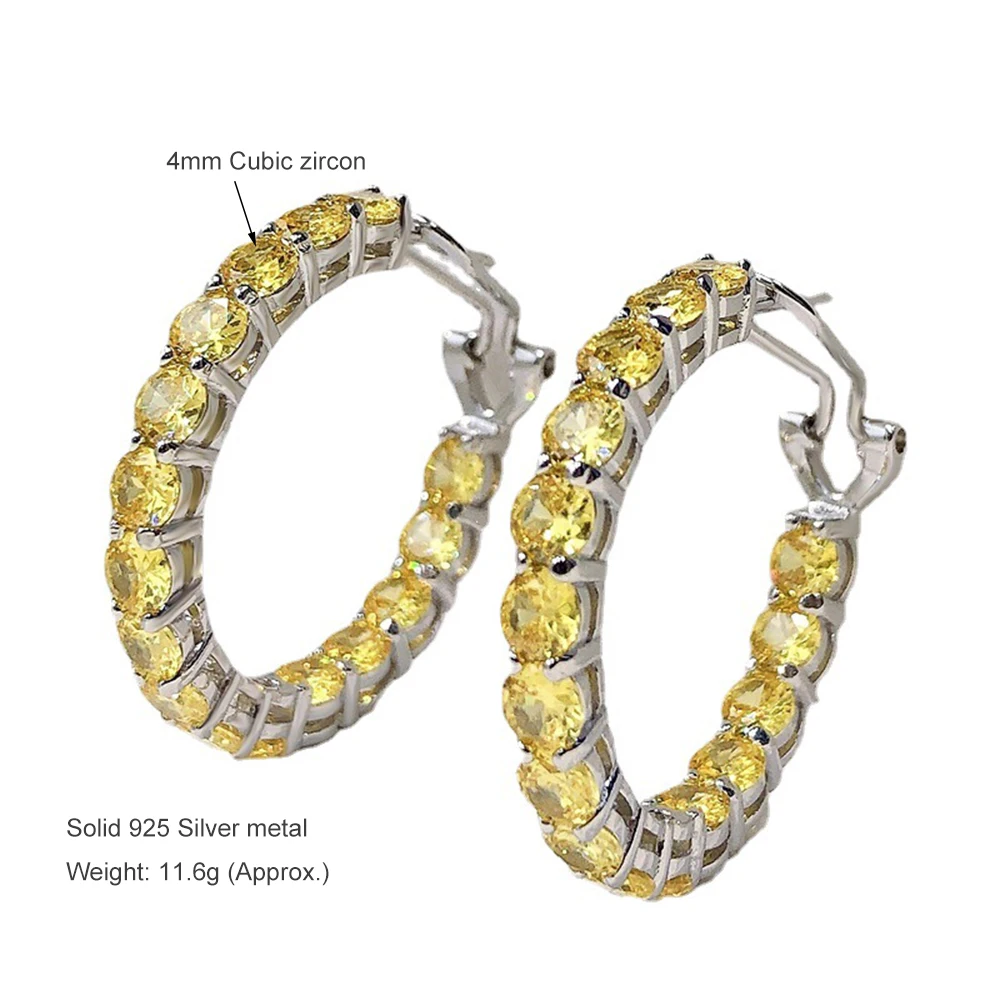 Real silver 3CM Diameter hoop earrings Pave Sparkly 4mm White/Yellow Zircon Circle Jewelry 925 Sterling Silver Women Accessories