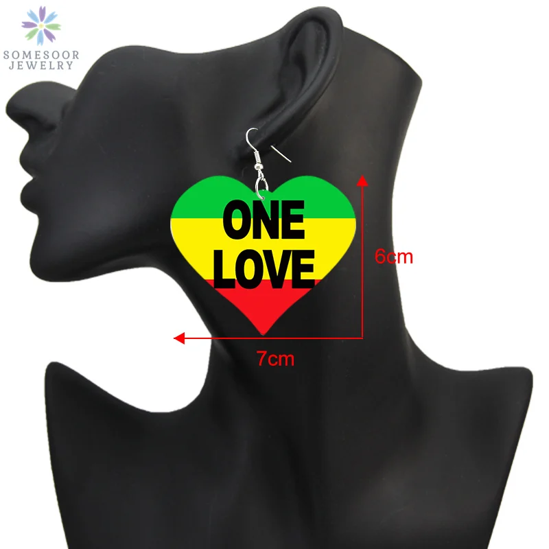 SOMESOOR One Love United African Colors Big Heart Wooden Drop Earrings Both Sides Print AFRO Wood Pendant Dangle For Women Gift