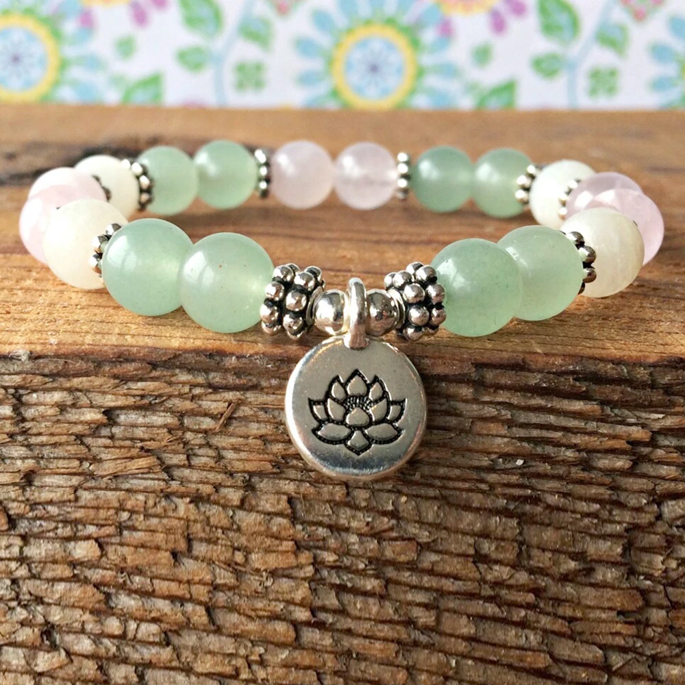 

MG1235 Women`s Rose Quartz Yoga Mala Bracelet Natural Crystals Energy Mala Bracelet Moonstone Green Aventurine Bracelet