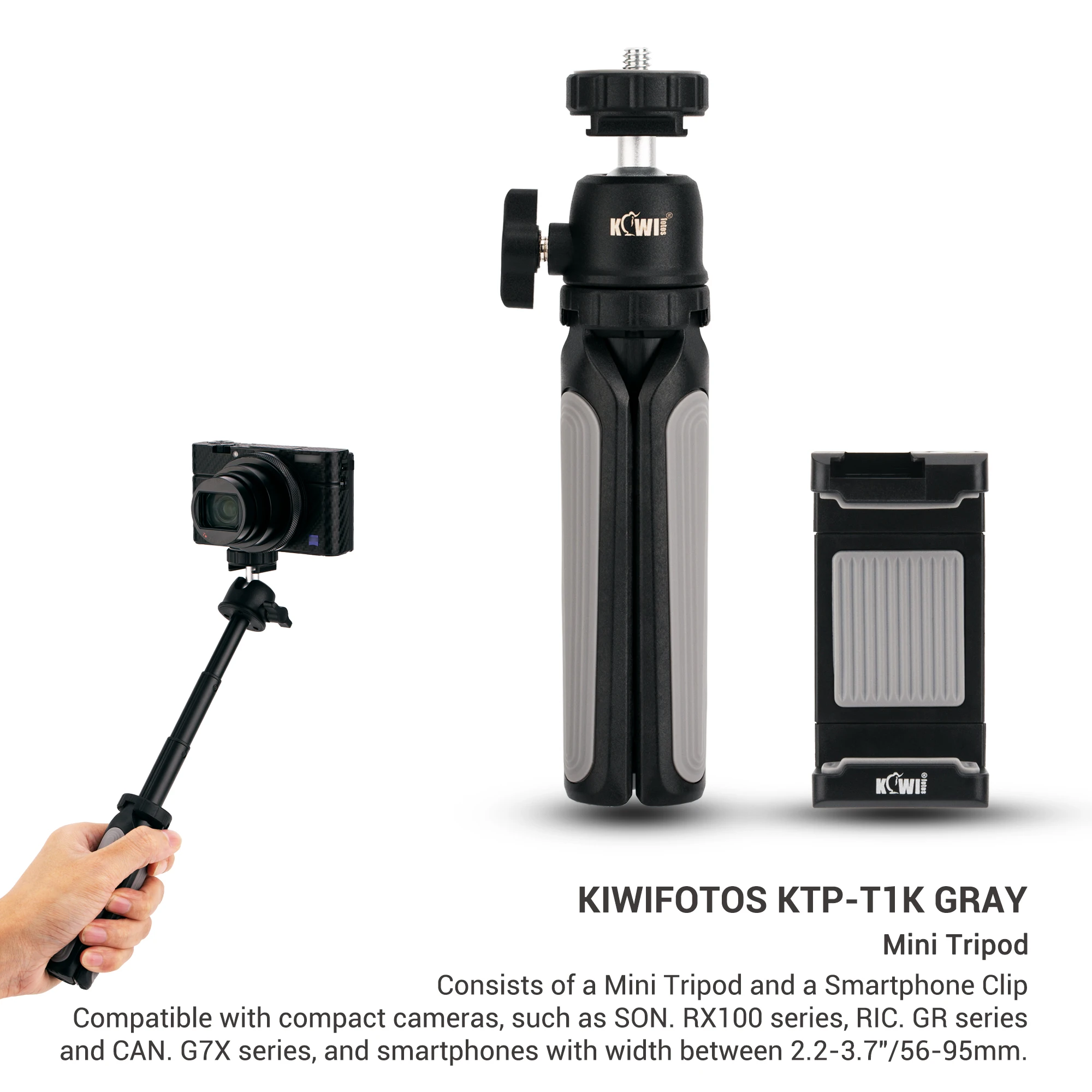 KIWI Desktop Mini Camera Tripod Stand with Phone Holder Extendable Selfie Stick Handle Grip for iPhone 15 14 13 Tabletop Tripod