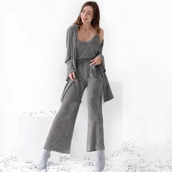 Hiloc Ribbed Robes Women Pajama Set Woman 3 Pieces Camisole Nightie Trouser Suits Knitting Nightgown Lace Up Bathrobes Nightwear