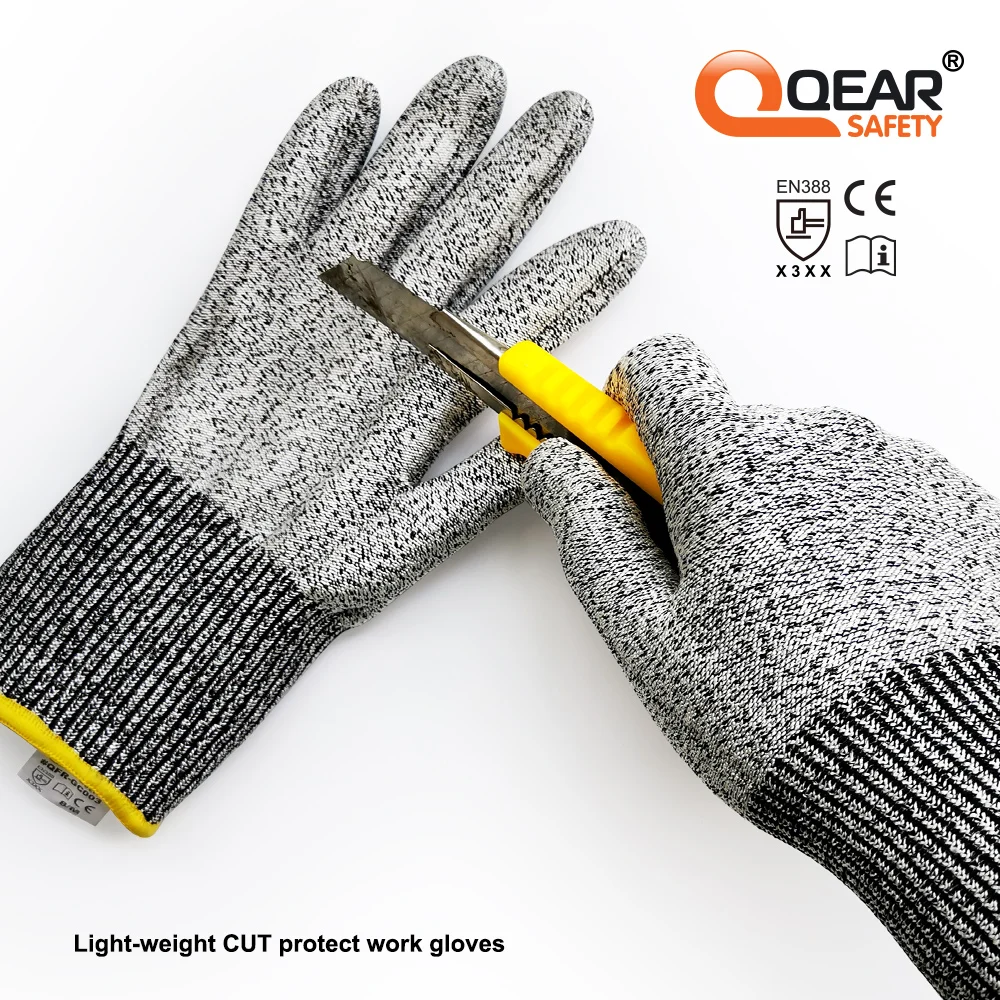 QearSafety Cut Protect Level 3 HPPE Knitted Liner Safety Work Gloves, non-coated, great dexterity, fit to hand