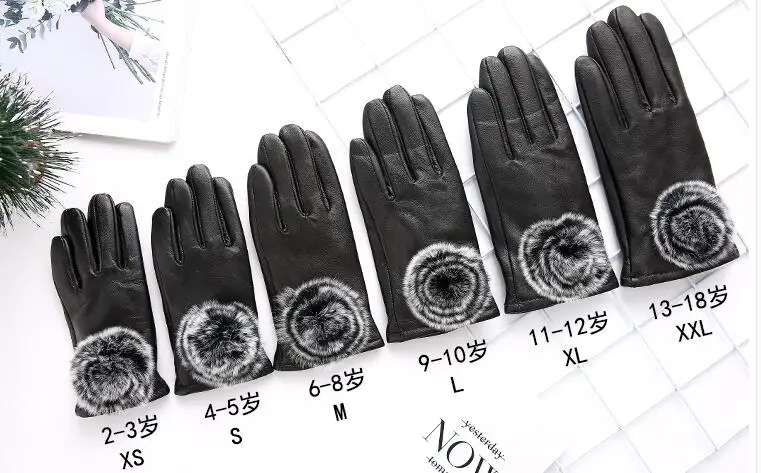 Children's autumn winter thicken warm fleece lining leather gloves girl kids natural sheepskin leather fur ball glove R1878