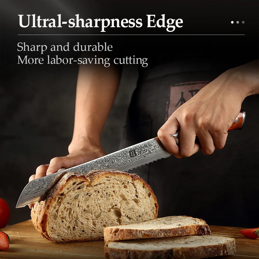 XINZUO 9\'\' Inch Serrated Knife 67 Layer Damascus Steel Cutter Cutting Bread Cheese Toast Sharp Table Knife with Rosewood Handle