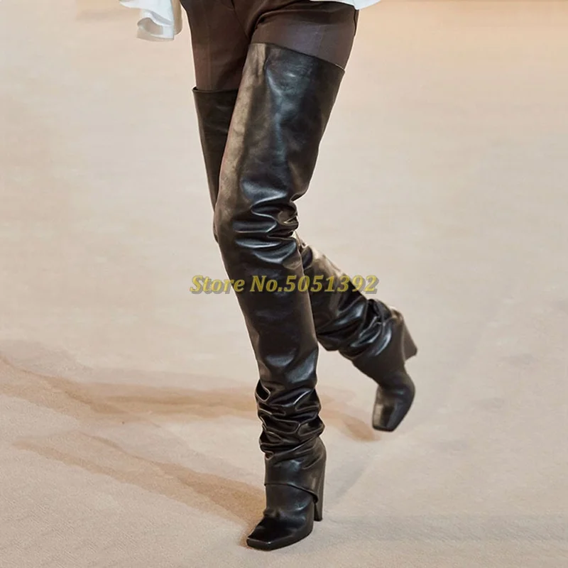 Square Toe Spike Heel Thigh High Boots Patent Leather Runway New Arrivals Pant Boots Fashion Ladies Winter Pleated Long Boots