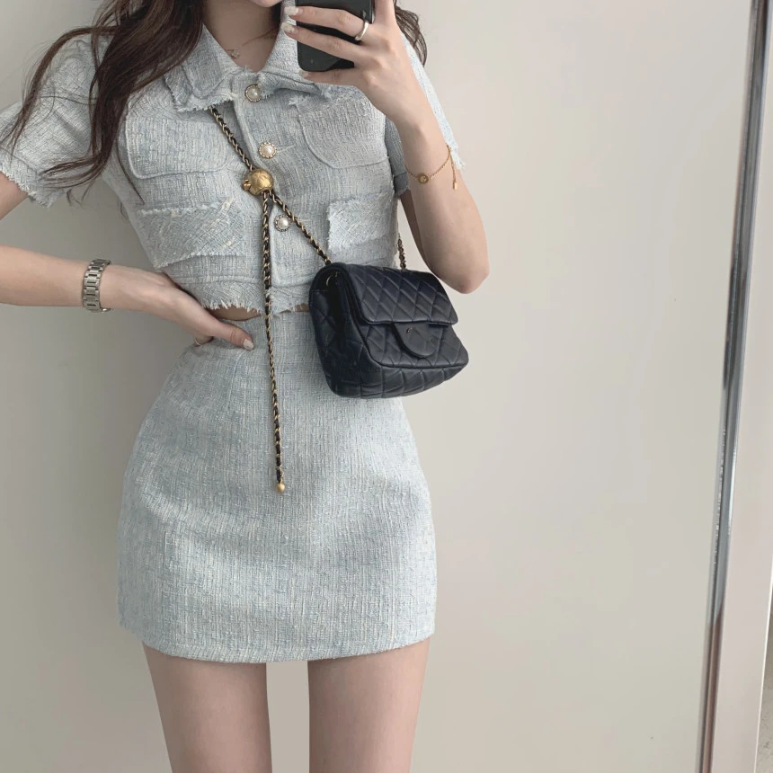 Women Summer Two 2 Piece Set Korean Style Elegant Single Breasted Tassle Short Sleeve Tops And High Waist Bodycon Mini Skirts