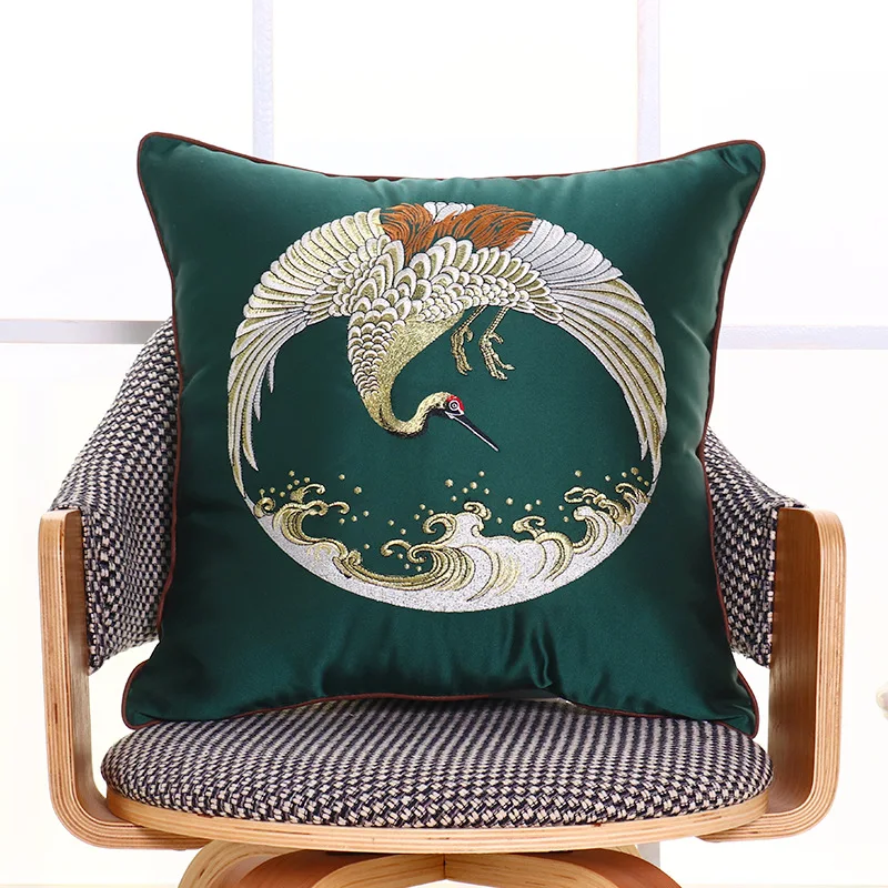 Red-crowned Crane Embroidered High-grade Sofa Cushion Covers Luxury Blackish Green Waist Pillowcases Home Decor Pillow Cases